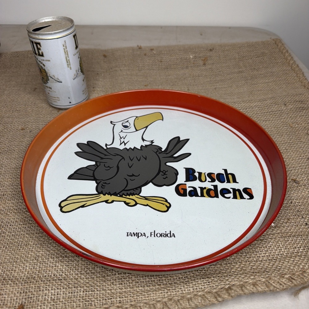 Vintage Busch Gardens 12" Round Metal Tray Platter Tampa FL. - Bald Eagle